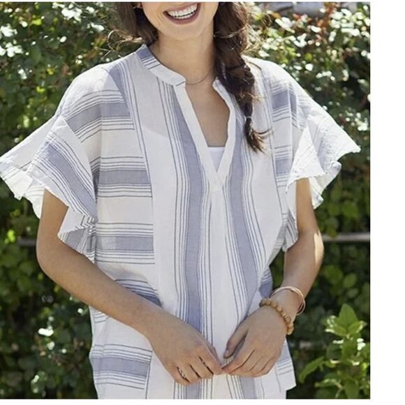 💎Matilda Jane with Joanna Gaines Blue and White Strip Ruffle Sleeve Top - Picture 1 of 7